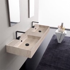 Beige Travertine Design Ceramic Wall Mounted or Vessel Double Sink With Counter Space